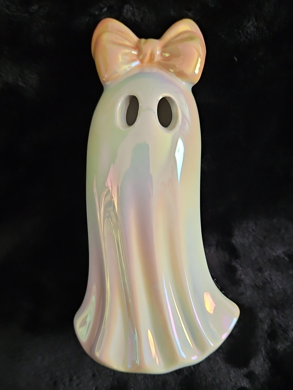 Iridescent Ceramic Ghost Figurine with Peach Bow - Picture 1 of 1